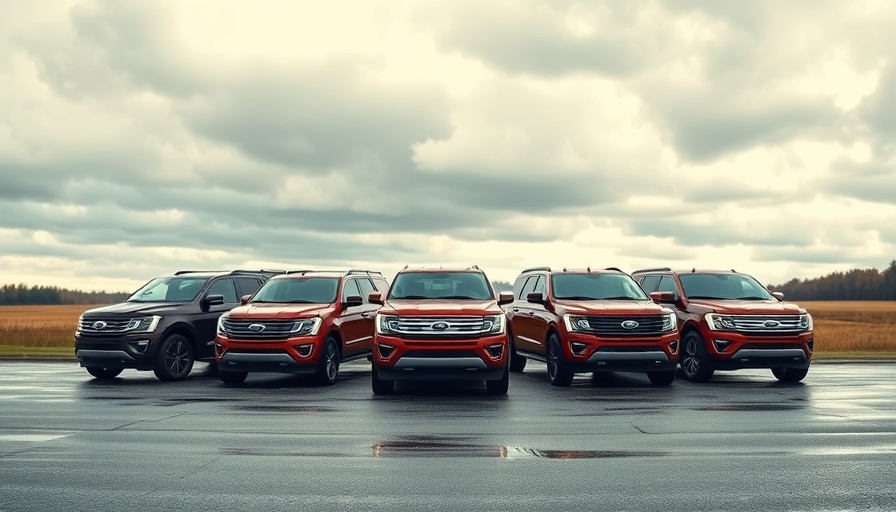 Ford Expedition SSV vehicles lined up under cloudy sky on wet road.
