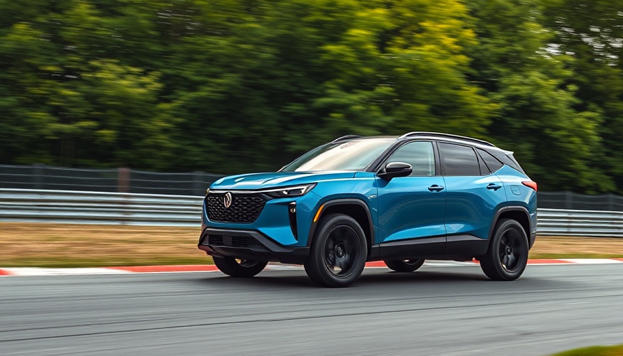 Sleek Rivian R1S driving on a race track with green trees in the background.
