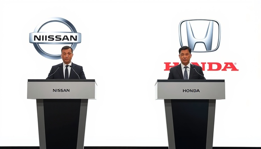 Honda Nissan merger discussion with executives at podiums.