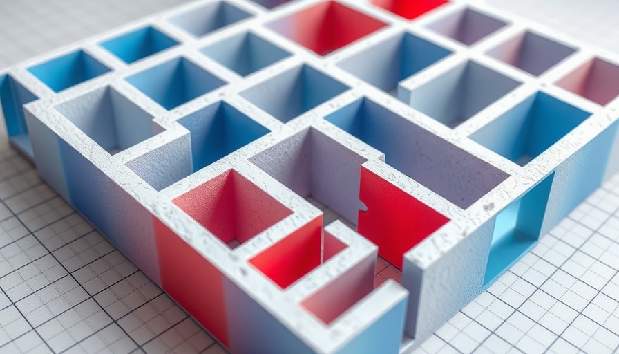 Intricate architectural model with gradient walls on a grid.