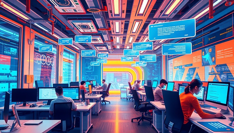 AI workplace with colorful digital interface and chat bubbles.