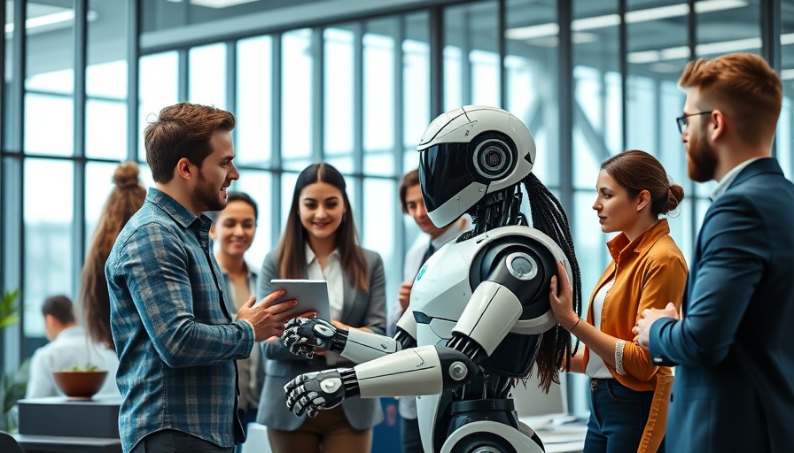 AI in workplace: professionals collaborating with humanoid robot in office.