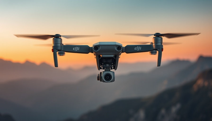DJI drone in flight during a scenic sunset over mountains.
