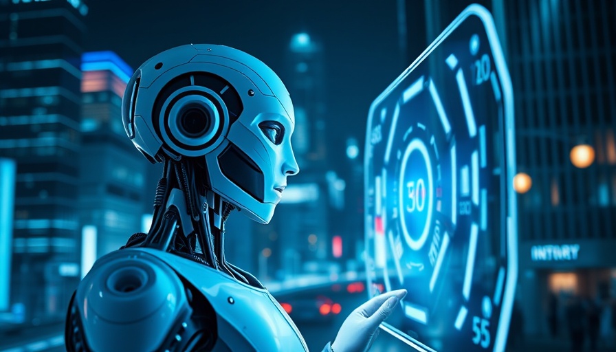 AI Deployment humanoid robot analyzing holographic display.