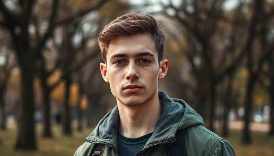 Young man in green jacket outdoors, neutral expression.