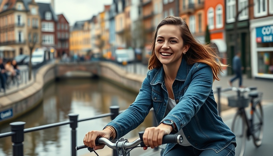 Happy woman cycling with friends in a vibrant European city. Business travel trends.