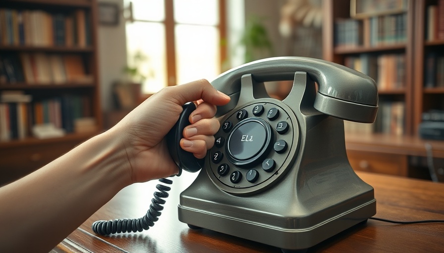 Hands dialing vintage rotary phone; AI accessibility theme