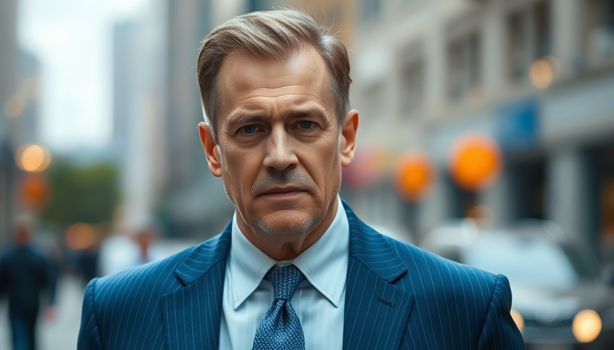 Man in blue pinstripe suit with serious expression, urban backdrop.