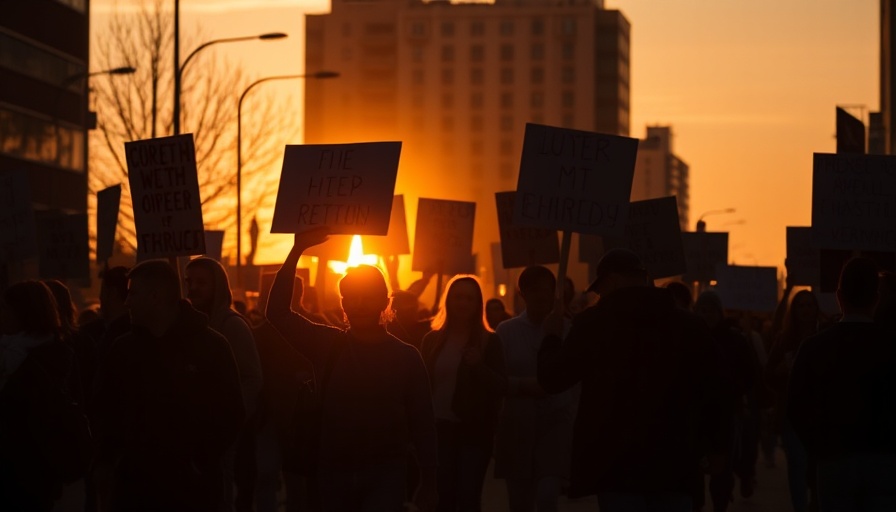 Silhouetted protestors marching with signs during Amazon strike