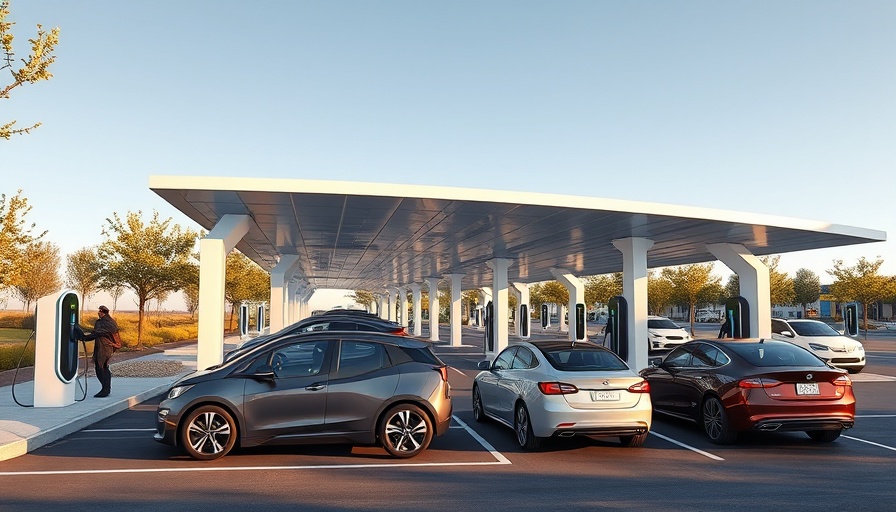 Modern EV charging station with cars and clear sky.