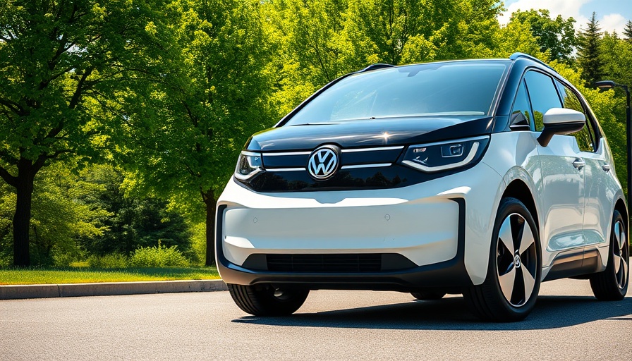 Volkswagen ID.Buzz front view on sunny day with green trees.