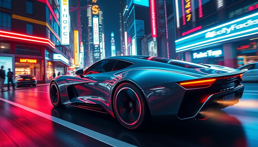 Futuristic car in neon city - future automotive technology concept.