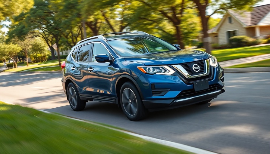 Blue Nissan SUV driving on a scenic suburban road.