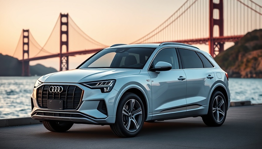 Audi electric SUV by Golden Gate Bridge at sunset.