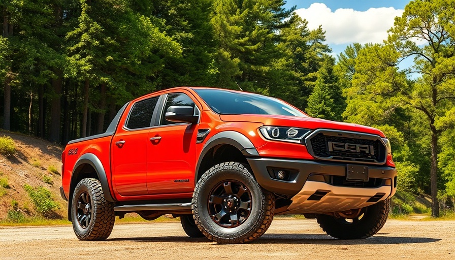 Bold Ford Ranger Raptor in forest setting, vibrant red, natural light.