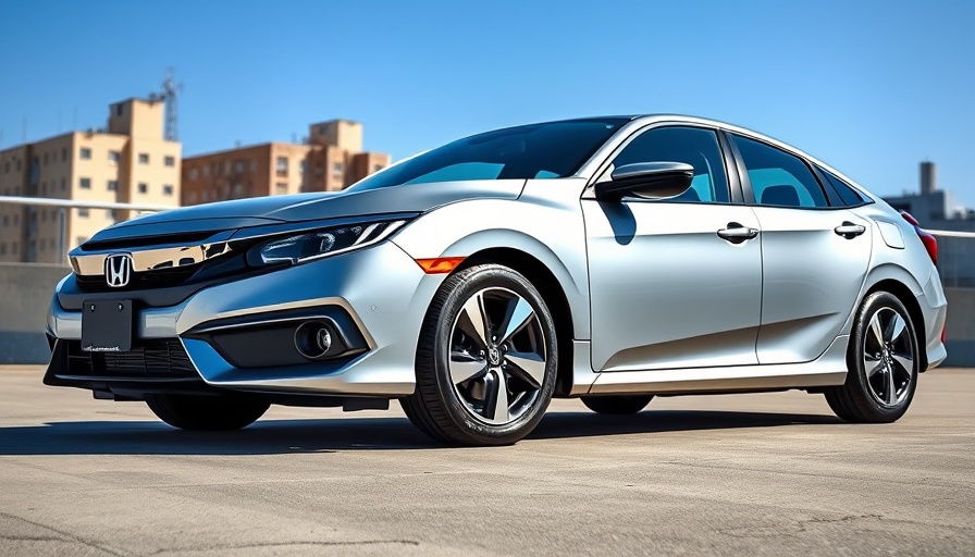 Sleek silver Honda Civic Hybrid parked on rooftop with urban backdrop.