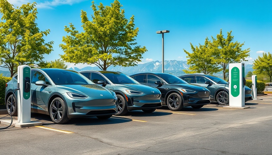 EV fast chargers with electric vehicles in a scenic setting.