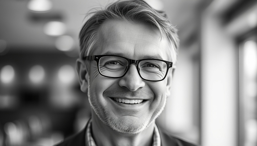 Mark Spain, middle-aged smiling man in black and white portrait.