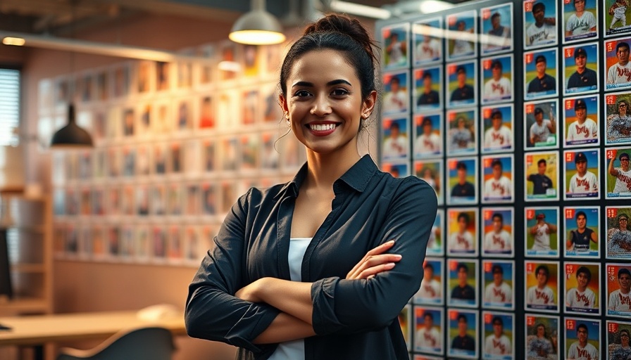 Confident woman in front of baseball card wall, representing MLB marketing.