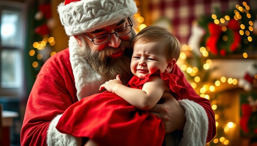 Santa traditions moment with crying toddler on Santa's lap, festive scene.