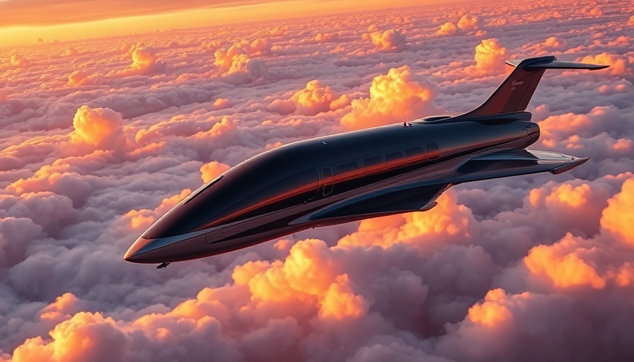 Sleek electric microliner on sunset sky, vibrant clouds.
