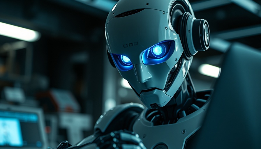 Futuristic robot working on laptop in high-tech setting.