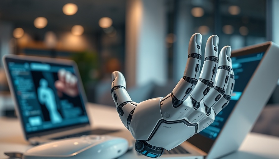 Generative AI robotic hand with digital interface on laptop.