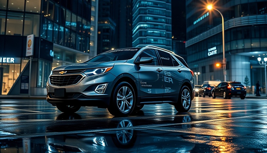 Chevrolet Equinox EV at night on wet city street amid recall news.