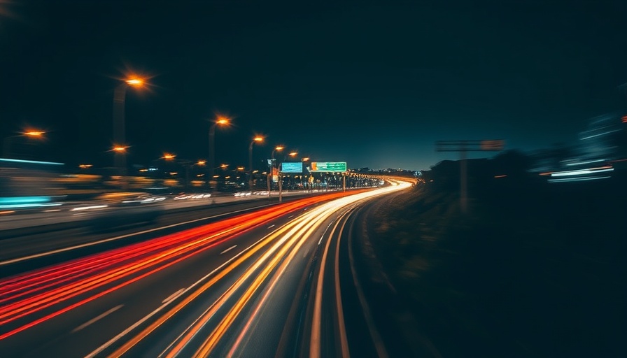 Dramatic light trails on highway at night, conveying speed and motion.