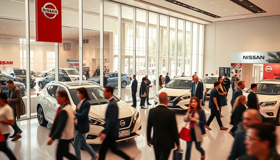 Busy showroom scene with Nissan cars, reflecting Foxconn Renault partnership context.