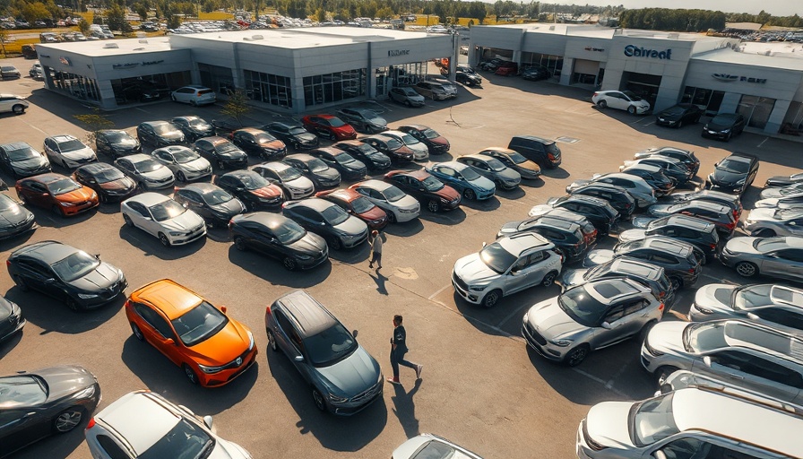 Aerial view of parking lot at a vehicle dealership under clear skies.
