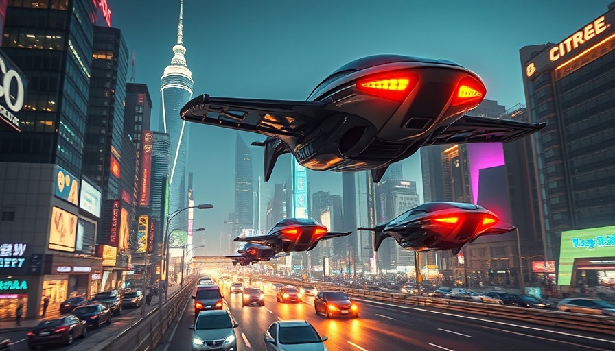 Futuristic flying cars over a cityscape, vibrant lights.