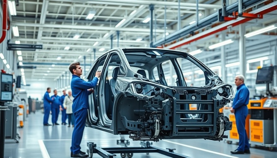 Workers assembling electric vehicle in modern factory, EV production.