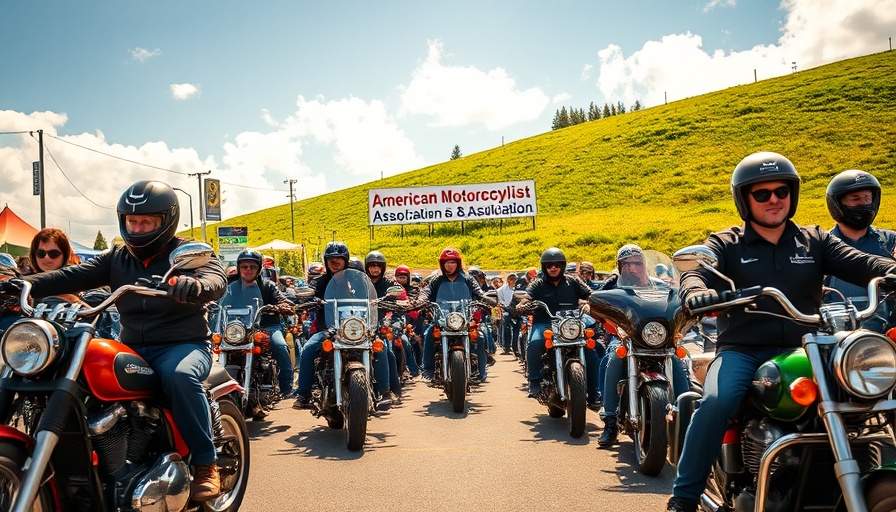 Motorcycle enthusiasts at an outdoor event for dealership advertising.
