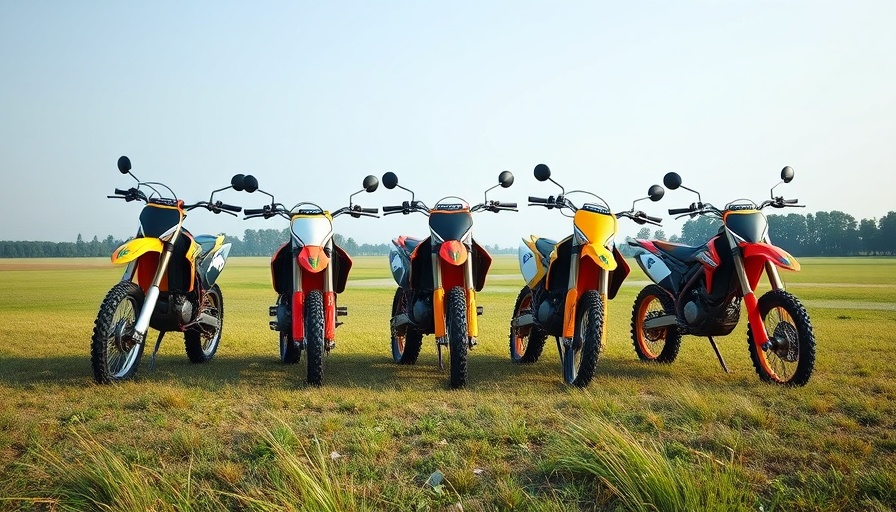 Motocross community vibrant bikes lineup in open field.
