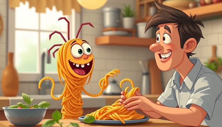 AI Benchmarks: Man playfully interacting with spaghetti creature in kitchen