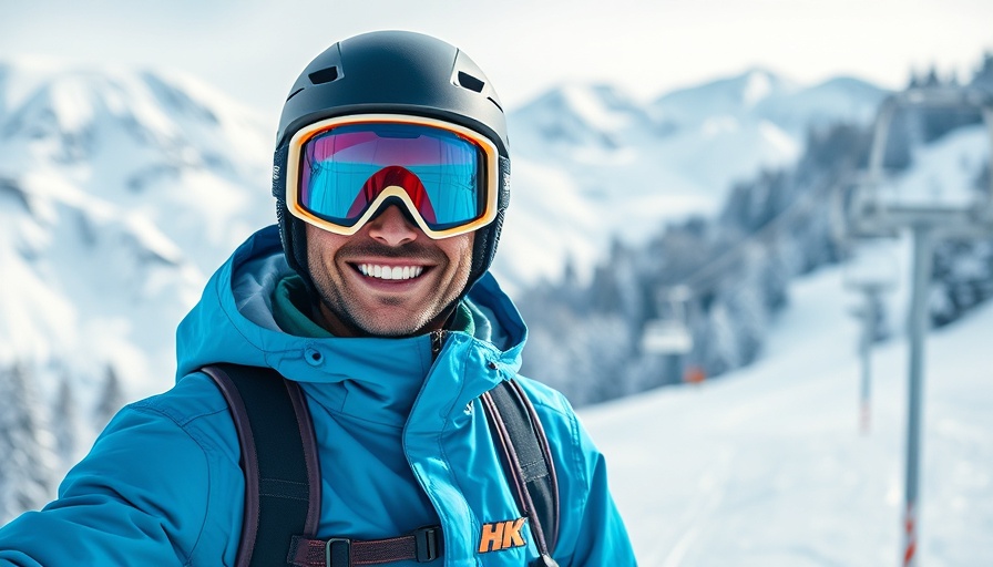 Smiling skier at Northeast ski resort with snowy mountains.