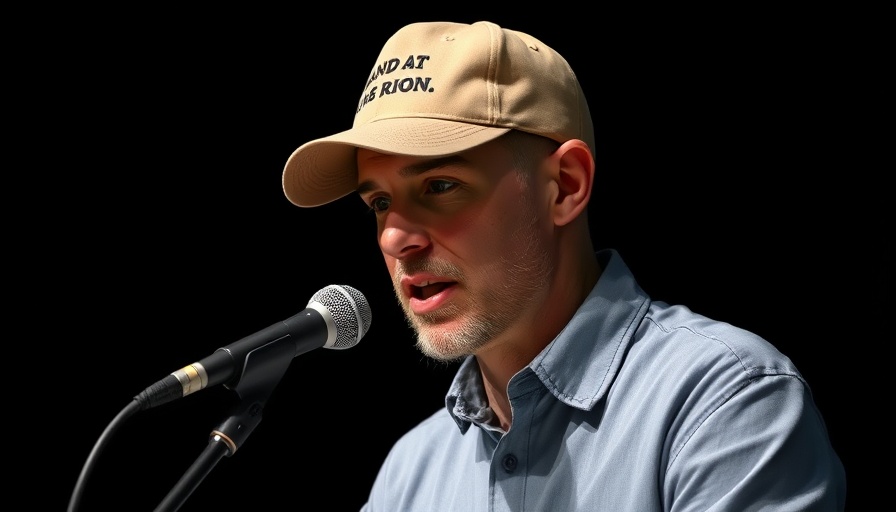 Man in beige cap discussing politics with a microphone.