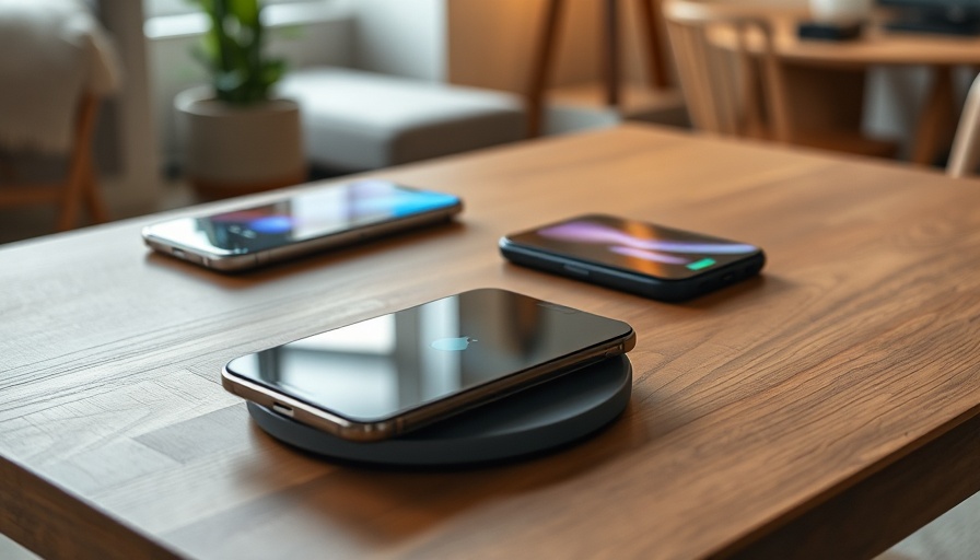 Modern wireless chargers with smart devices on wooden tables.