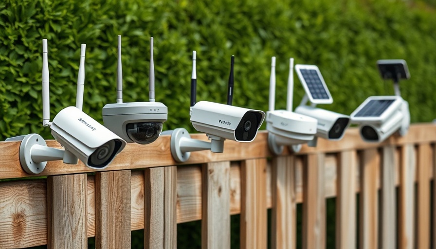 Modern outdoor security cameras mounted on fence