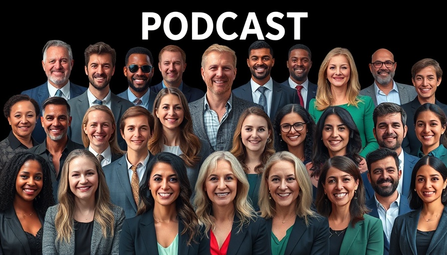 Diverse business professionals on a podcast banner about B2B sales strategies.