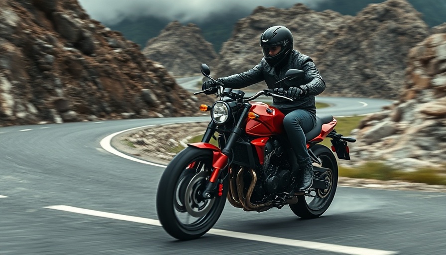 Biker on red motorcycle speeding through rocky mountains in Dakar Rally.