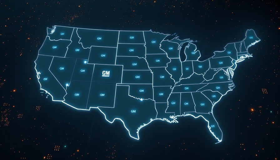 GM sales growth visualization with brand logos over U.S. map.