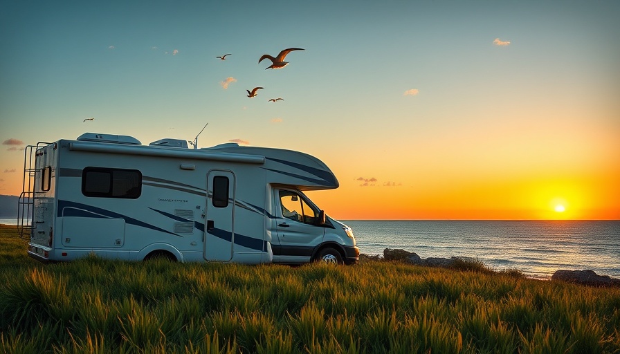 Modern RV by the sea at sunset, Octane RV Marine scenery.