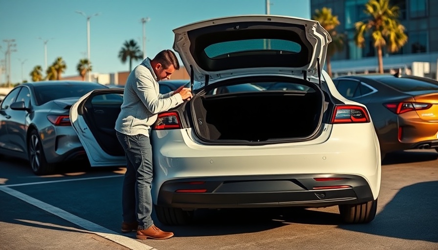 Man inspecting white electric car at dealership, car sales.