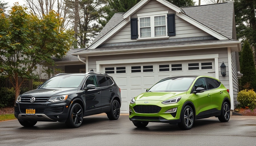 Modern suburban garage with electric and SUV cars parked