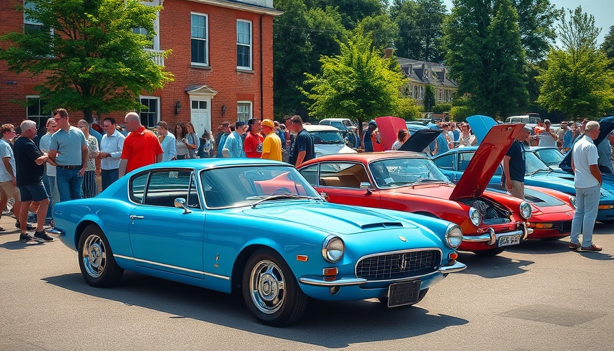 Car show organizer event with classic blue car and crowd.