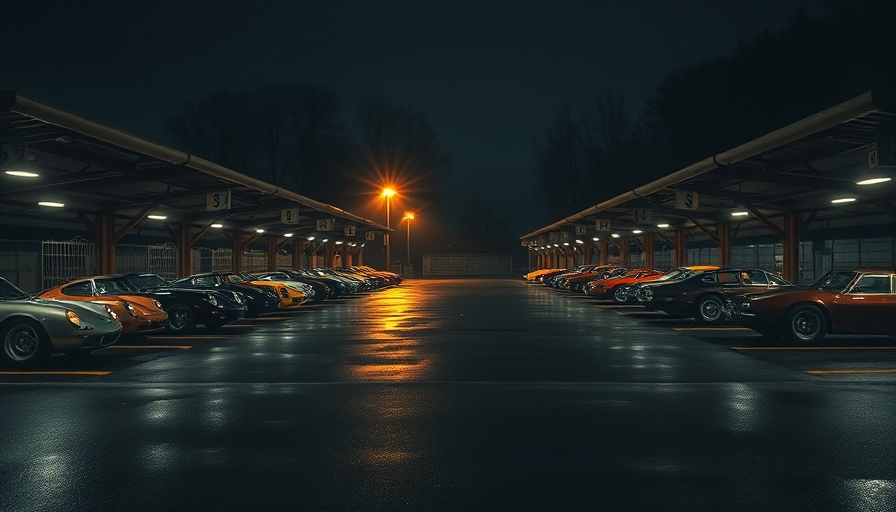 Car highlights 2024 in nighttime paddock with classic race cars.