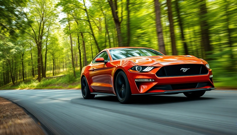 Sleek Ford Mustang in motion on a scenic forest road.