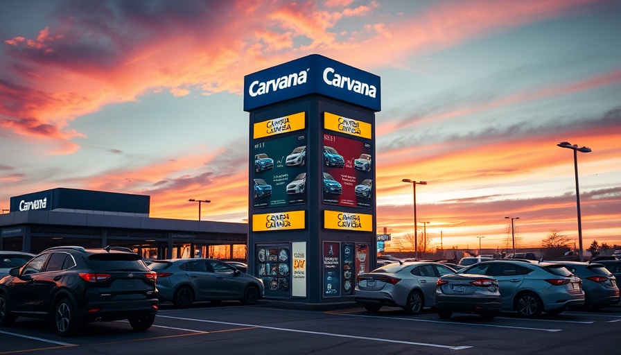 Illuminated Carvana car vending tower at sunset highlighting vehicles.